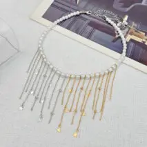 Newly Two Tone Star Ball Chain Tassel Pearl Necklace - ArtGalleryZen