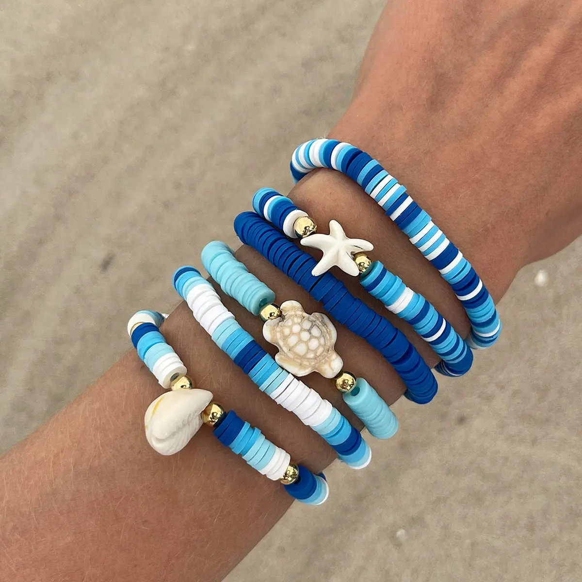 Ocean Style 6pcs Conch Turtle Starfish Polymer Clay Letter Beaded Bracelet Set - ArtGalleryZen
