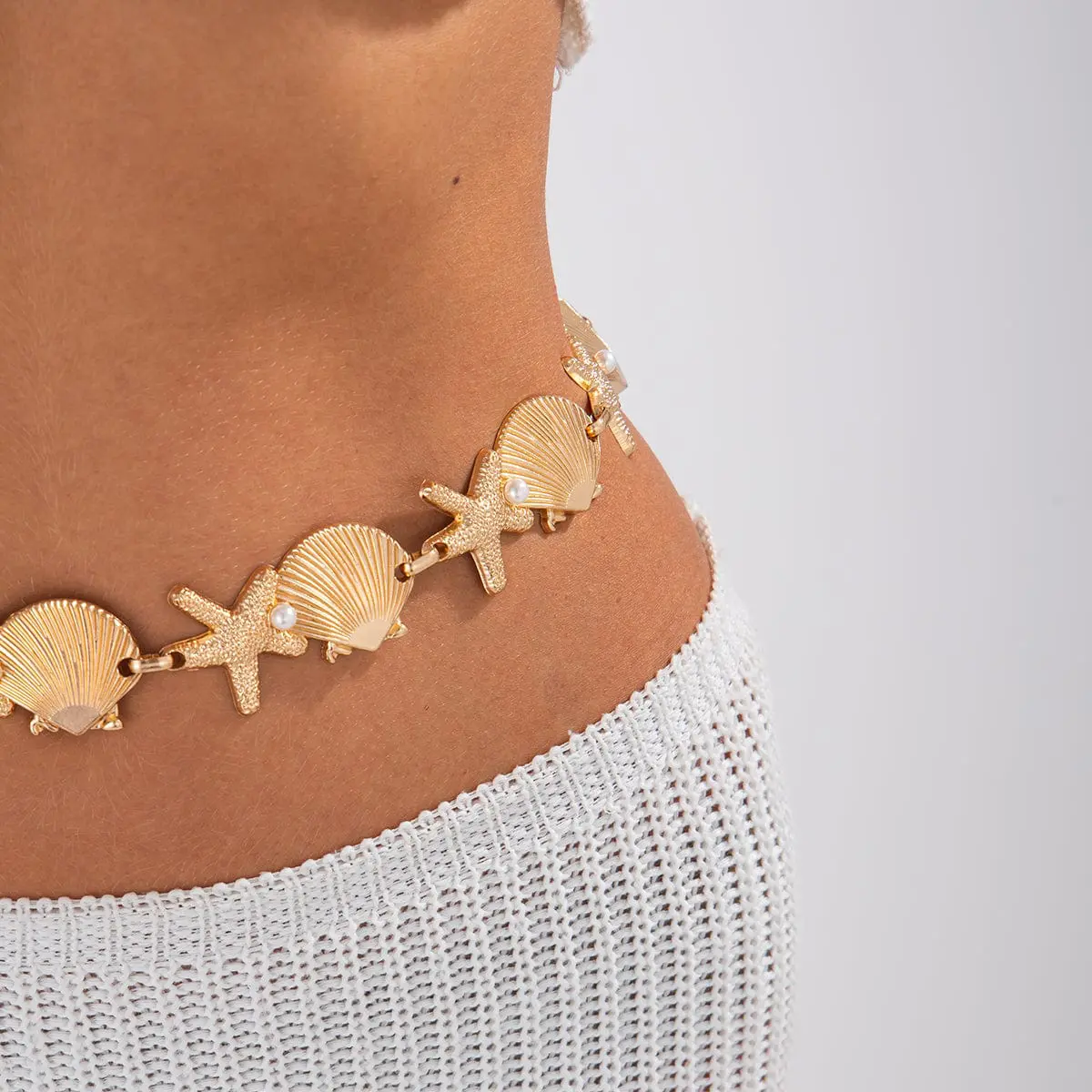 Ocean Style Gold Tone Pearl Shell Starfish Waist Chain - ArtGalleryZen