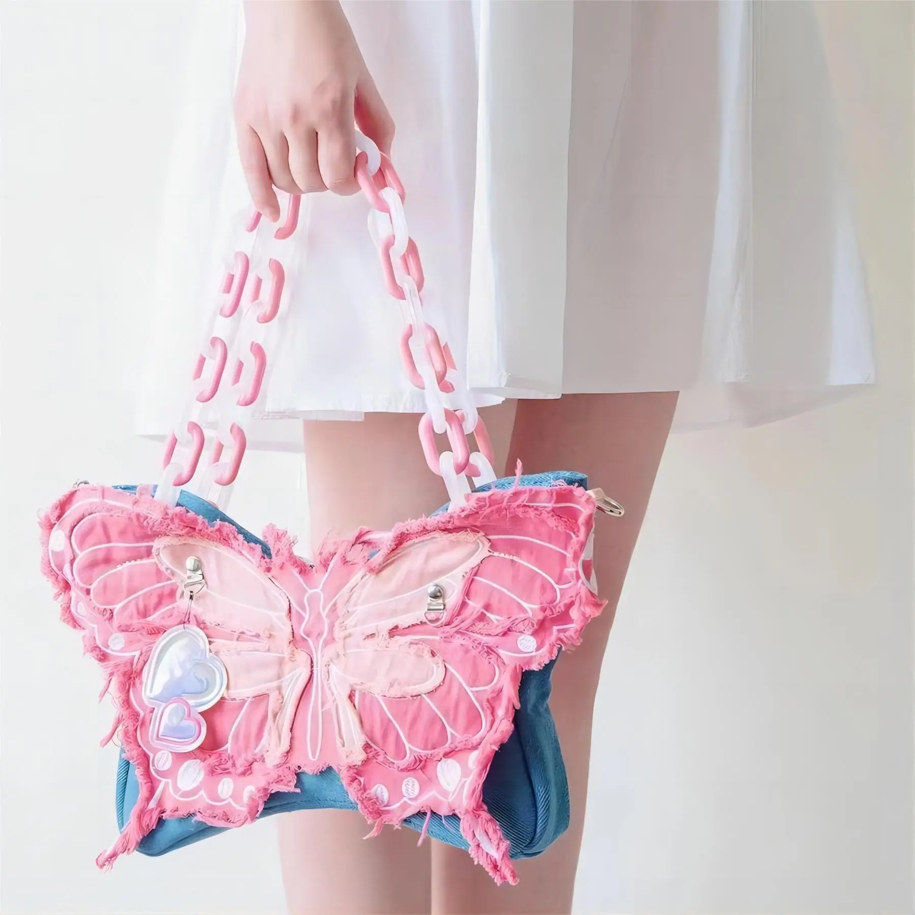 Original Pink Denim Butterfly Acrylic Chain Shoulder Crossbody Bag - ArtGalleryZen