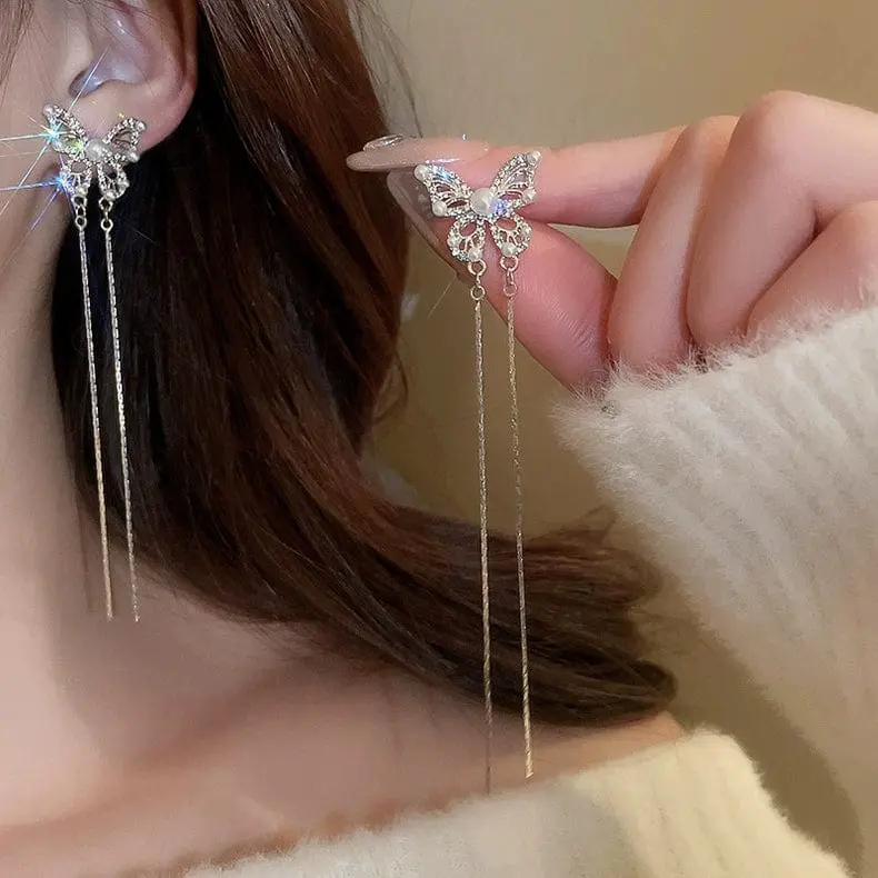 Pearl Inlaid Zircon Butterfly Tassel Earrings - ArtGalleryZen