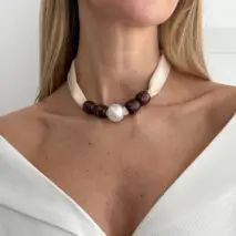 Pearl Wooden Bead Velvet Choker Necklace Layered Boho Charm - ArtGalleryZen