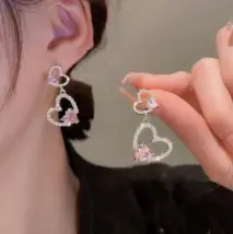 Pink Crystal Dangle Heart Earrings - ArtGalleryZen
