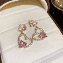 Pink Crystal Dangle Heart Earrings - ArtGalleryZen