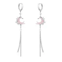 Pink Crystal Moon Star Long Chain Dangle Hoop Earrings - ArtGalleryZen
