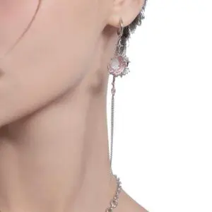 Pink Crystal Moon Star Long Chain Dangle Hoop Earrings - ArtGalleryZen