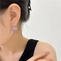 Pink Crystal Star Heart Dangle Earrings - ArtGalleryZen
