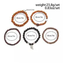 Retro Layered Feather Charm Coconut Shell Wood Beaded Chain Bracelet Set - ArtGalleryZen