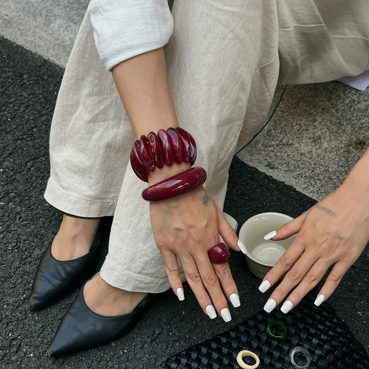 Retro Wine Red Irregular Bangle Bracelet Ring Set - ArtGalleryZen