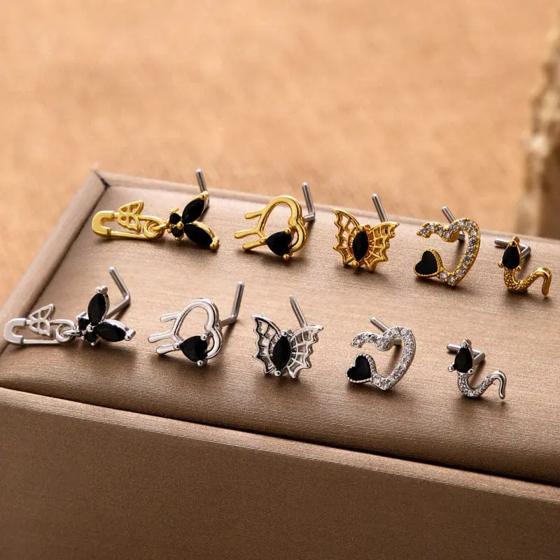 Stylish Black CZ Inlaid Stainless Steel Butterfly Spider Web Nose Piercing Nose Stud - ArtGalleryZen