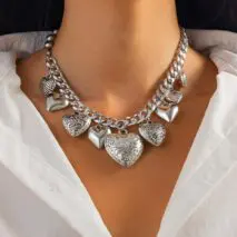 Stylish Chunky Textured Heart Tassel Ball Curb Chain Necklace - ArtGalleryZen