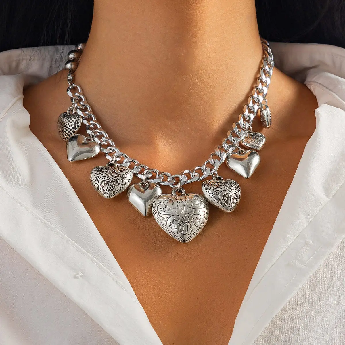 Stylish Chunky Textured Heart Tassel Ball Curb Chain Necklace - ArtGalleryZen
