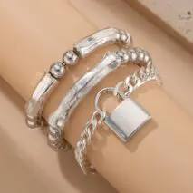 Stylish Layered Chunky Lock Charm Curb Ball Chain Bracelet Set - ArtGalleryZen