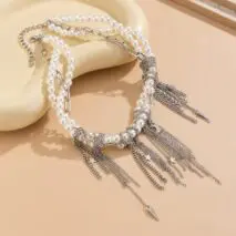 Stylish Layered Moon Star Chain Tassel Pearl Necklace - ArtGalleryZen