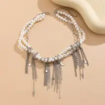Stylish Layered Moon Star Chain Tassel Pearl Necklace - ArtGalleryZen
