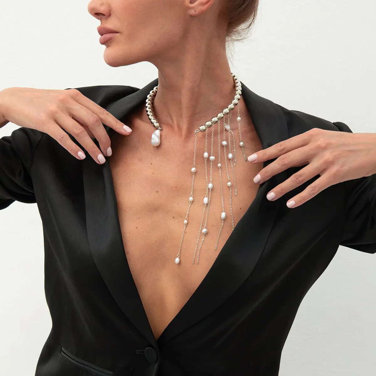 Stylish Pearl Tassel Ball Chain Open Collar Choker Necklace - ArtGalleryZen