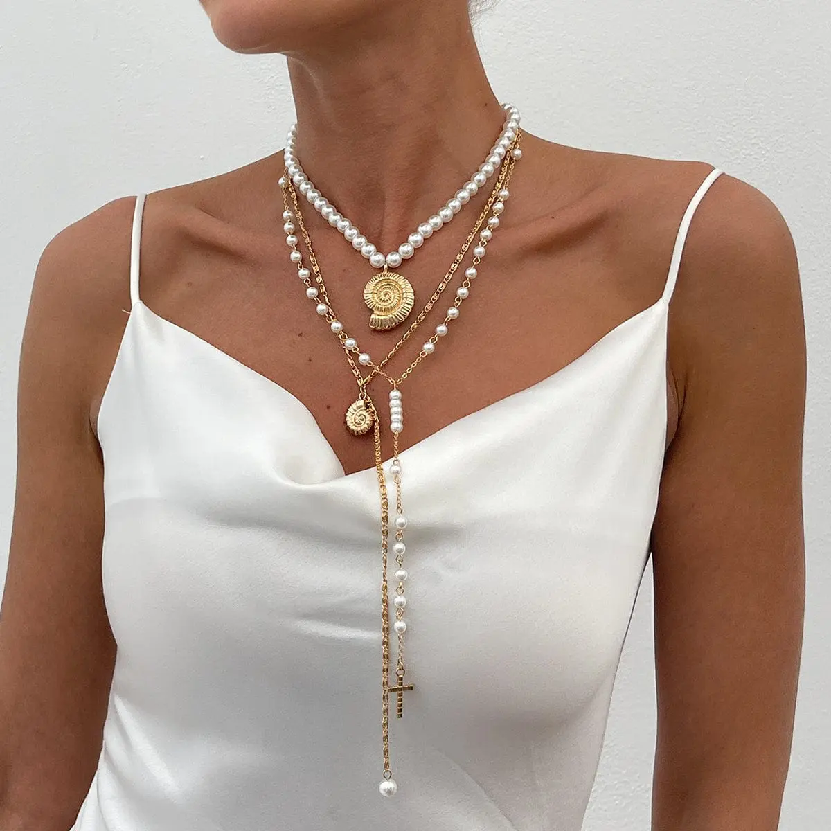 Summer Beach Style Layered Conch Cross Pendant Pearl Chain Y Necklace Set - ArtGalleryZen