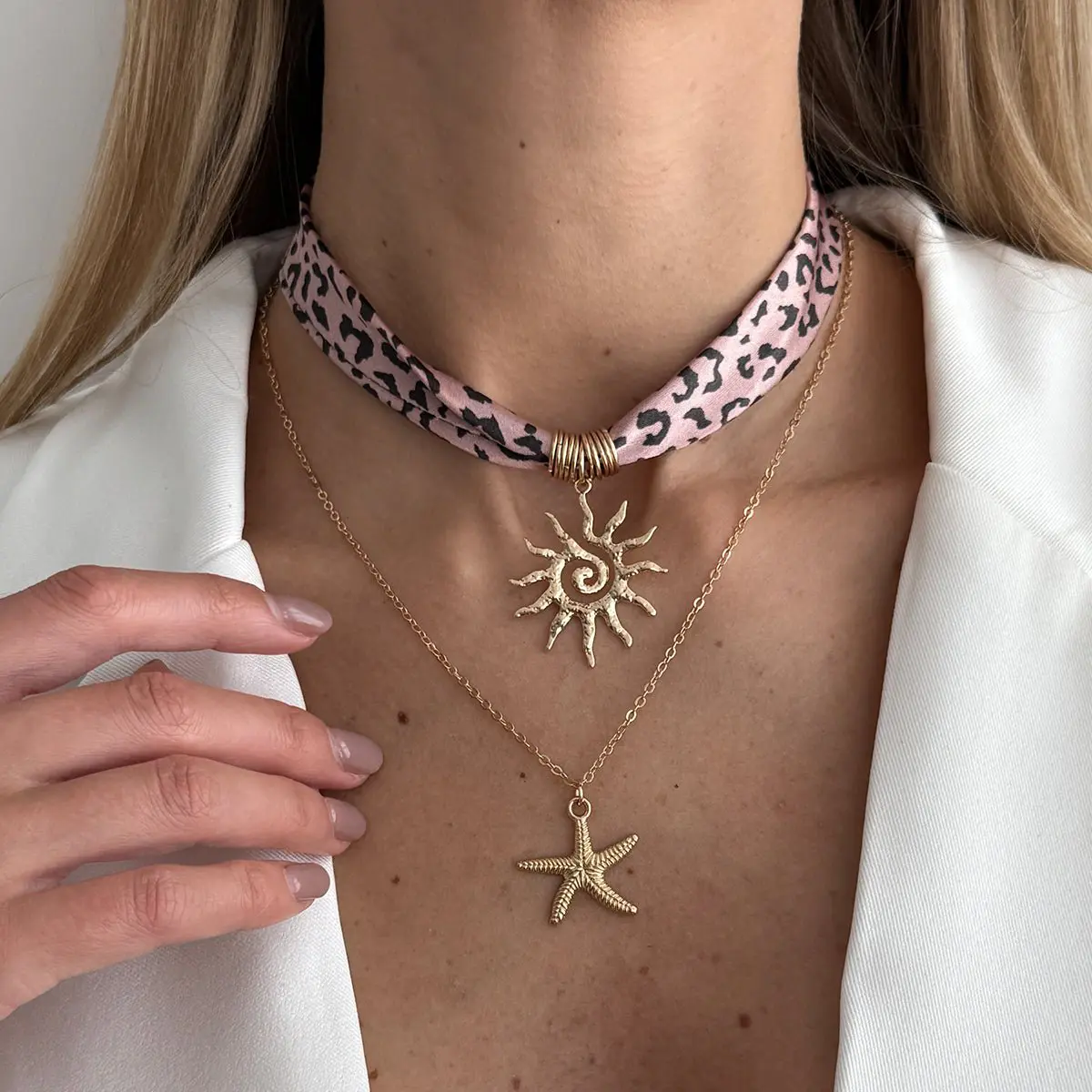 Sun Starfish Pendant Leopard Print Satin Necklace Set 2 Pcs Boho - ArtGalleryZen