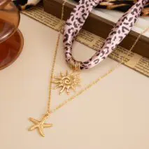 Sun Starfish Pendant Leopard Print Satin Necklace Set 2 Pcs Boho - ArtGalleryZen