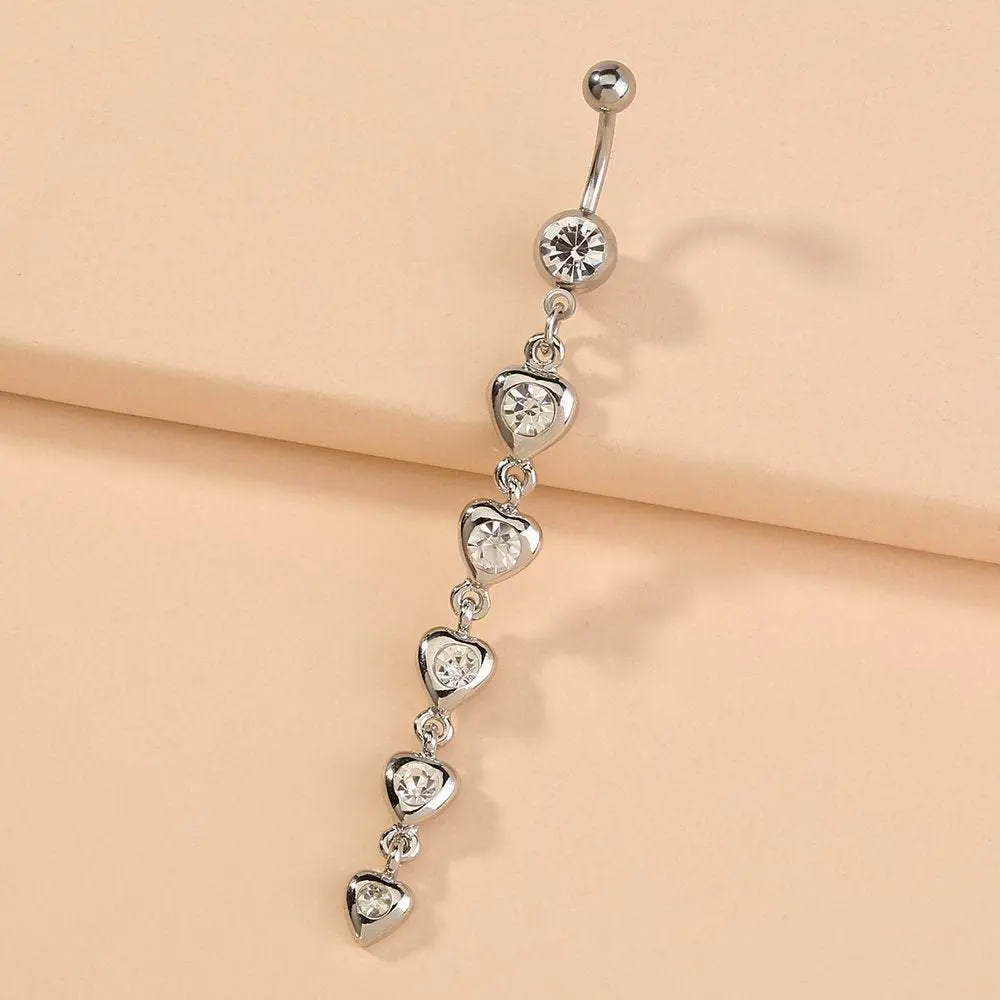 Surgical Stainless Steel Crystal Inlaid Heart Tassel Belly Piercing Navel Ring - ArtGalleryZen