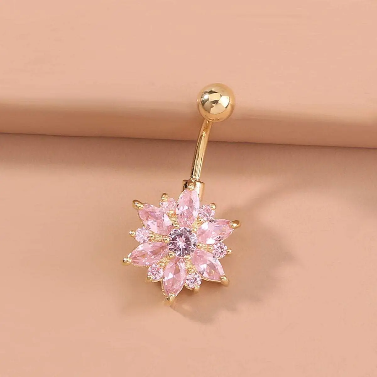 Surgical Stainless Steel Pink Crystal Floral Piercing Barbell Navel Ring - ArtGalleryZen