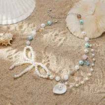 Sweet Layered Shell Bowknot Charm Agate Pearl Chain Necklace - ArtGalleryZen