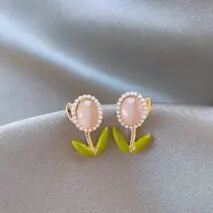 Sweet Pearl Inlaid Cat's Eye Stone Tulip Earrings - ArtGalleryZen