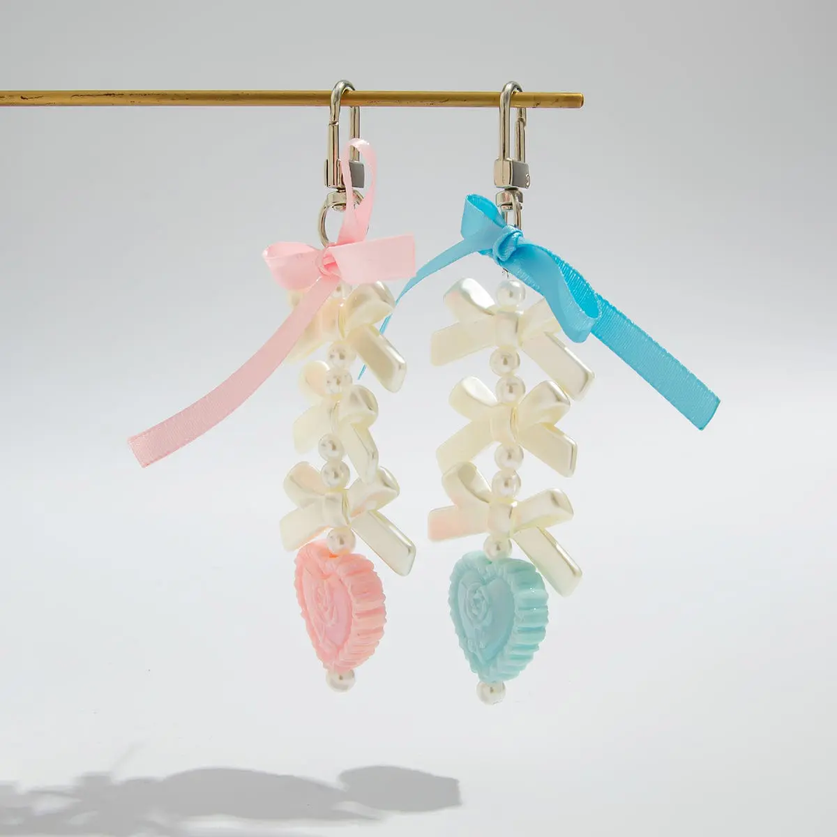 Sweet Ribbon Bowknot Floral Heart Charm Pearl Beaded Keychain Set - ArtGalleryZen