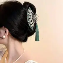 Temperament Flower Pearl Inlaid Tassel Fan Shaped Hair Claw - ArtGalleryZen