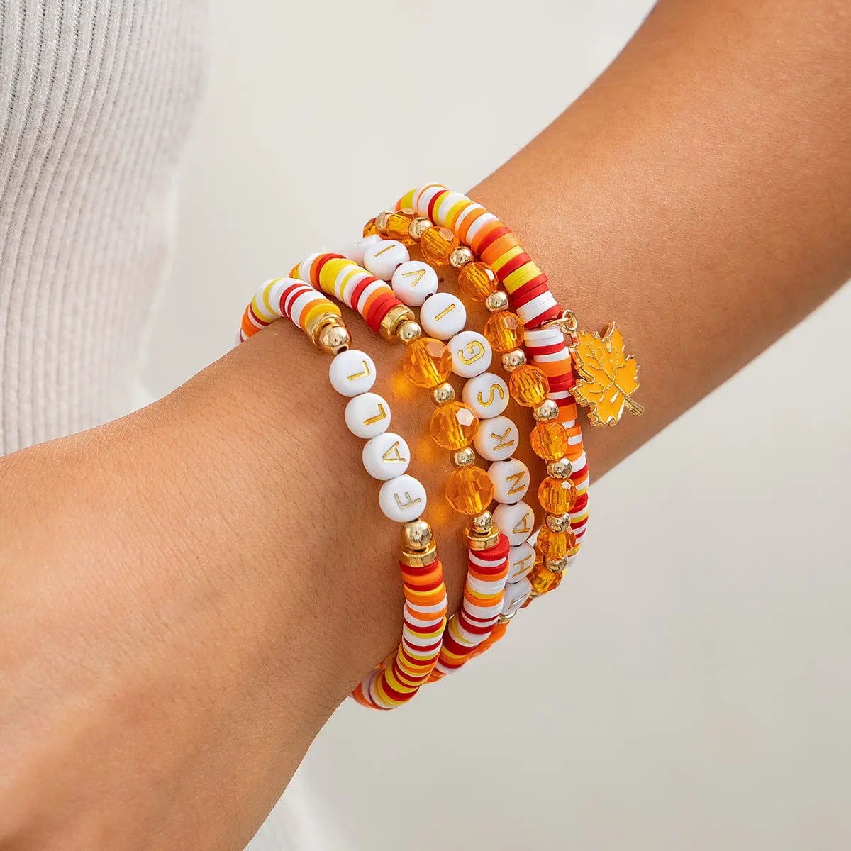 Thanksgiving Layered Maple Leaf Charm Letter Crystal Beaded Stackable Bracelet Set - ArtGalleryZen