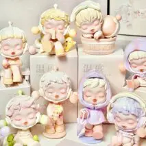 Collection of pastel-colored Pop Mart Skullpanda figurines on a white background