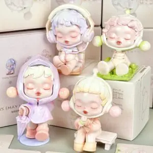 Set of four Pop Mart Skullpanda small figurines with different hairstyles and outfits on a light background.