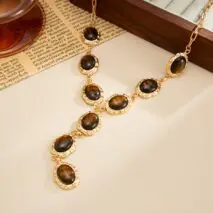 Tiger's Eye Oval Disk Y Necklace Vintage Gold Gemstone - ArtGalleryZen - ArtGalleryZen