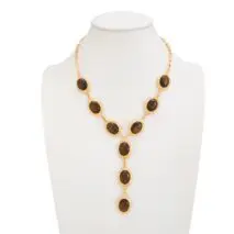 Tiger's Eye Oval Disk Y Necklace Vintage Gold Gemstone - ArtGalleryZen - ArtGalleryZen