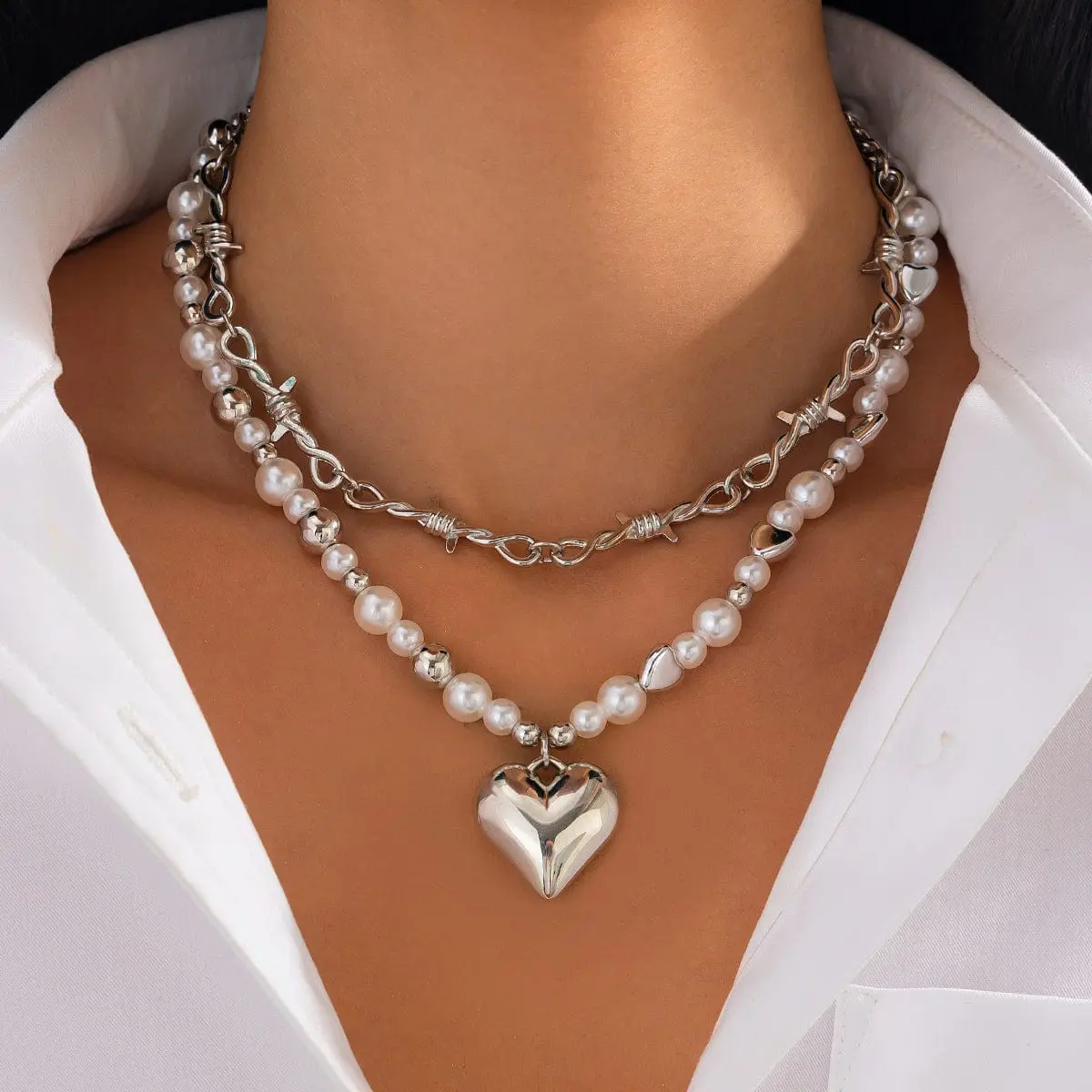 Trendy 2pcs Gold Silver Plated Heart Pendant Pearl Necklace Set - ArtGalleryZen