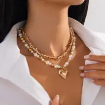 Trendy 2pcs Gold Silver Plated Heart Pendant Pearl Necklace Set - ArtGalleryZen
