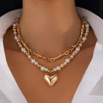 Trendy 2pcs Gold Silver Plated Heart Pendant Pearl Necklace Set - ArtGalleryZen