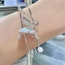 Trendy Crystal Inlaid Enamel Butterfly Pearl Charm Bangle Bracelet - ArtGalleryZen