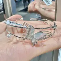 Trendy Crystal Inlaid Enamel Butterfly Pearl Charm Bangle Bracelet - ArtGalleryZen