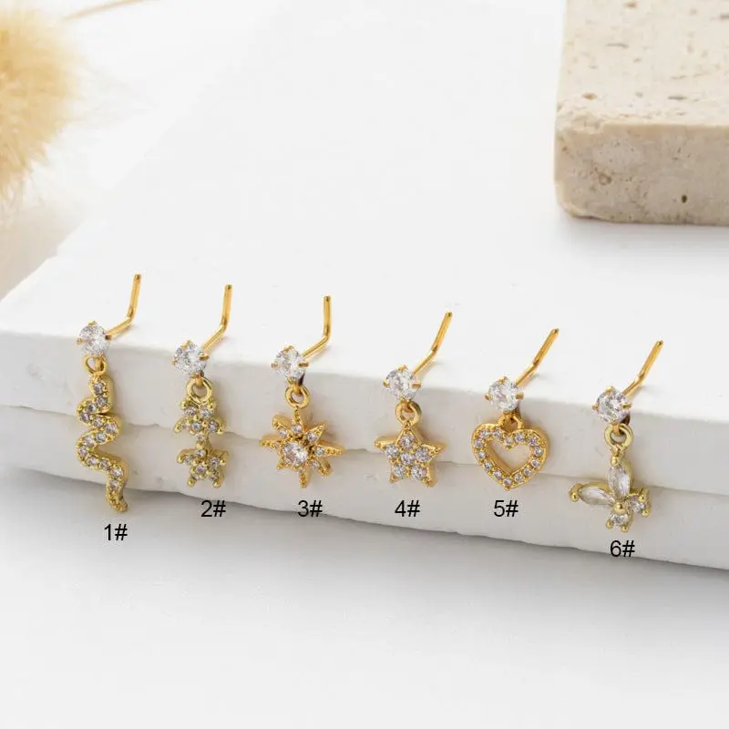 Trendy CZ Inlaid Snake Heart Butterfly Dangle Stainless Steel Nose Piercing Nose Stud - ArtGalleryZen