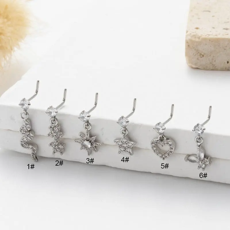 Trendy CZ Inlaid Snake Heart Butterfly Dangle Stainless Steel Nose Piercing Nose Stud - ArtGalleryZen