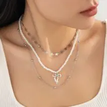 Trendy Layered Bowknot Charm Star Pearl Chain Necklace Set - ArtGalleryZen