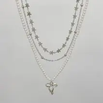 Trendy Layered Bowknot Charm Star Pearl Chain Necklace Set - ArtGalleryZen