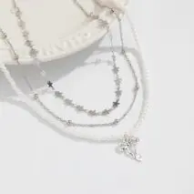 Trendy Layered Bowknot Charm Star Pearl Chain Necklace Set - ArtGalleryZen