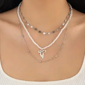 Trendy Layered Bowknot Charm Star Pearl Chain Necklace Set - ArtGalleryZen
