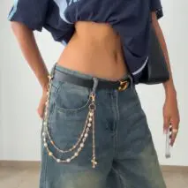 Trendy Layered Cross Pendant Flower Rhinestone Pearl Trouser Chain - ArtGalleryZen