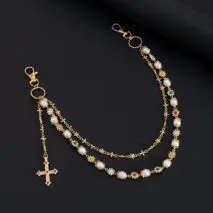 Trendy Layered Cross Pendant Flower Rhinestone Pearl Trouser Chain - ArtGalleryZen