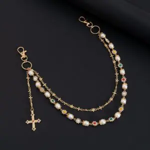 Trendy Layered Cross Pendant Flower Rhinestone Pearl Trouser Chain - ArtGalleryZen