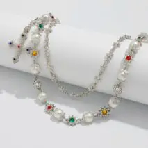 Trendy Layered Cross Pendant Flower Rhinestone Pearl Trouser Chain - ArtGalleryZen