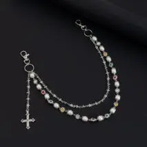 Trendy Layered Cross Pendant Flower Rhinestone Pearl Trouser Chain - ArtGalleryZen